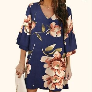 BELONGSCI Sweet V-Neck Bell Sleeve Shift Dress Mini Dress Navy Begonia Size XL